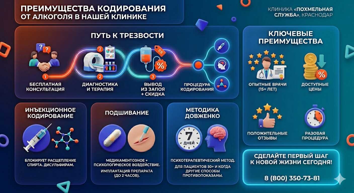 Инфографика о методах кодирования от алкоголя в Электростали: инъекции, подшивание, метод Довженко. Преимущества клиники и этапы лечения.